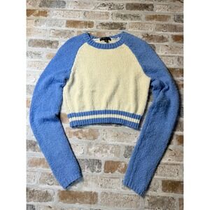 Blue Blush Womens Cropped Raglan Sweater Blue Cream Fuzzy Knit Size S